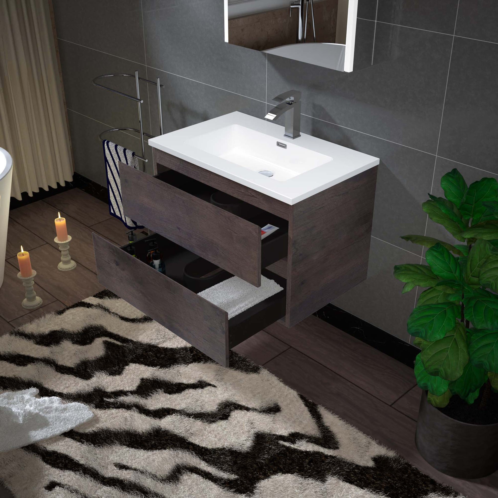 Woodbridge New Jersey Style 30" Rose Wood Vanity Base and White Resin Composite Vanity Top With Integrated Sink