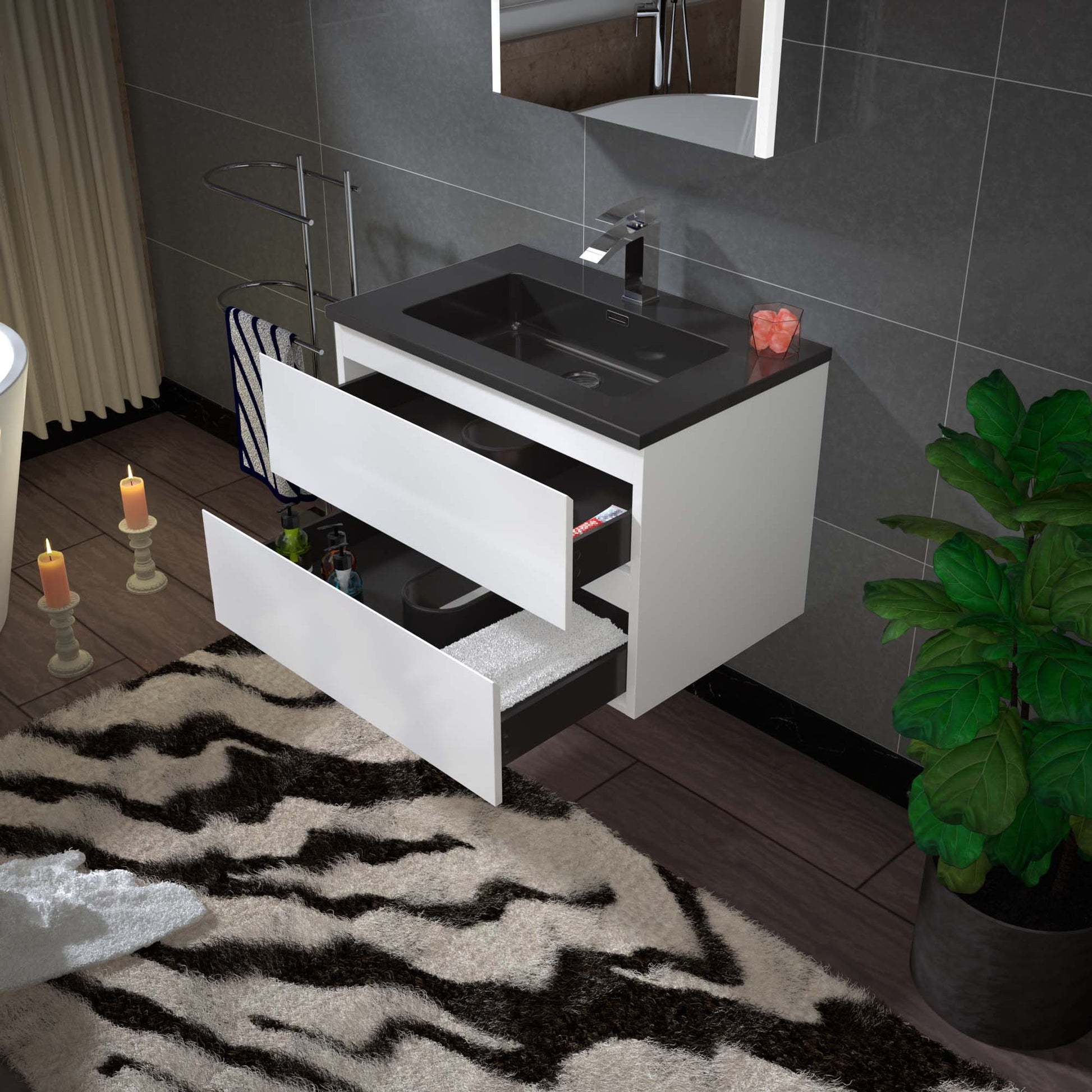 Woodbridge New Jersey Style 30" White High Gloss Vanity Base and Black Quartz Sand Composite Vanity Top With Integrated Sink