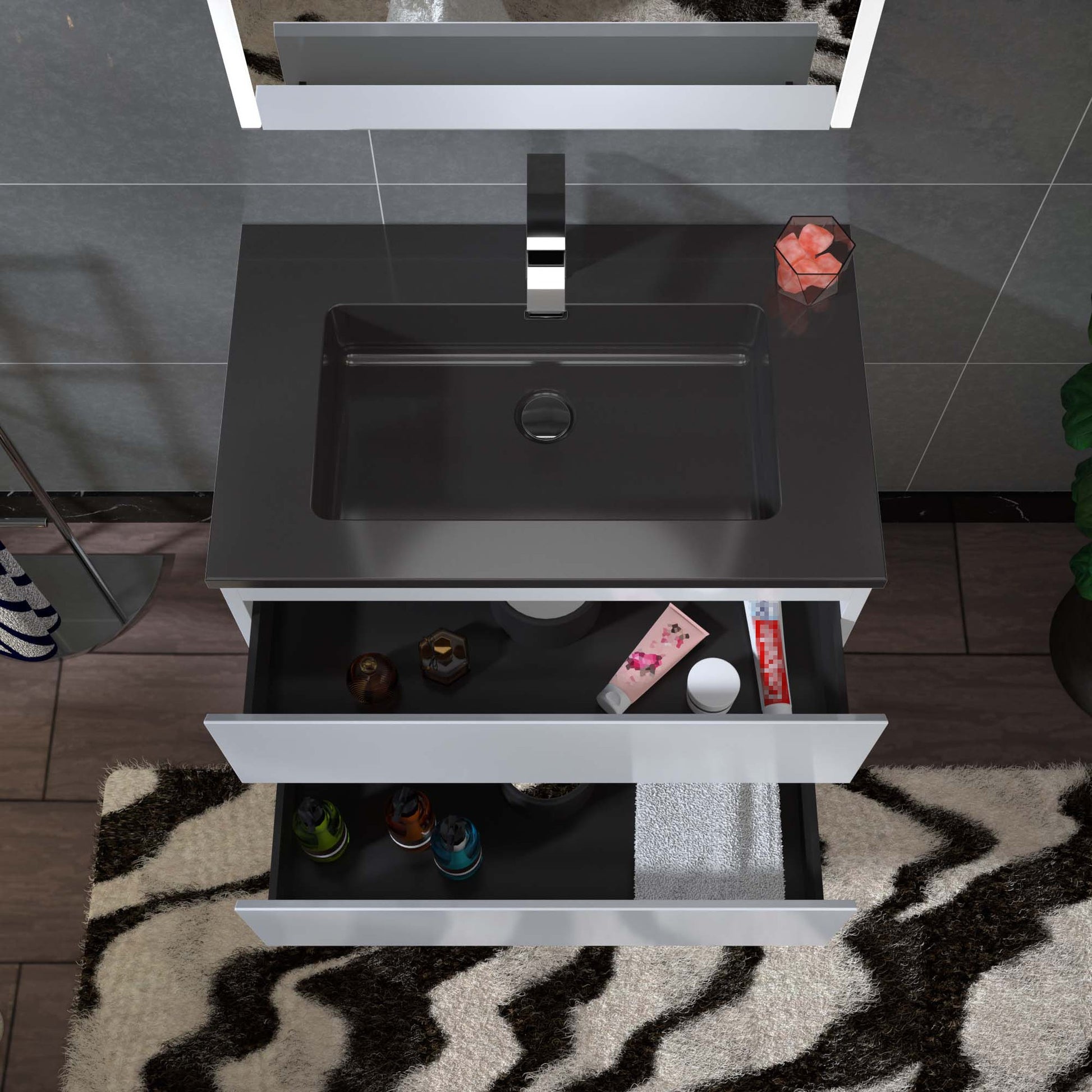 Woodbridge New Jersey Style 30" White High Gloss Vanity Base and Black Quartz Sand Composite Vanity Top With Integrated Sink