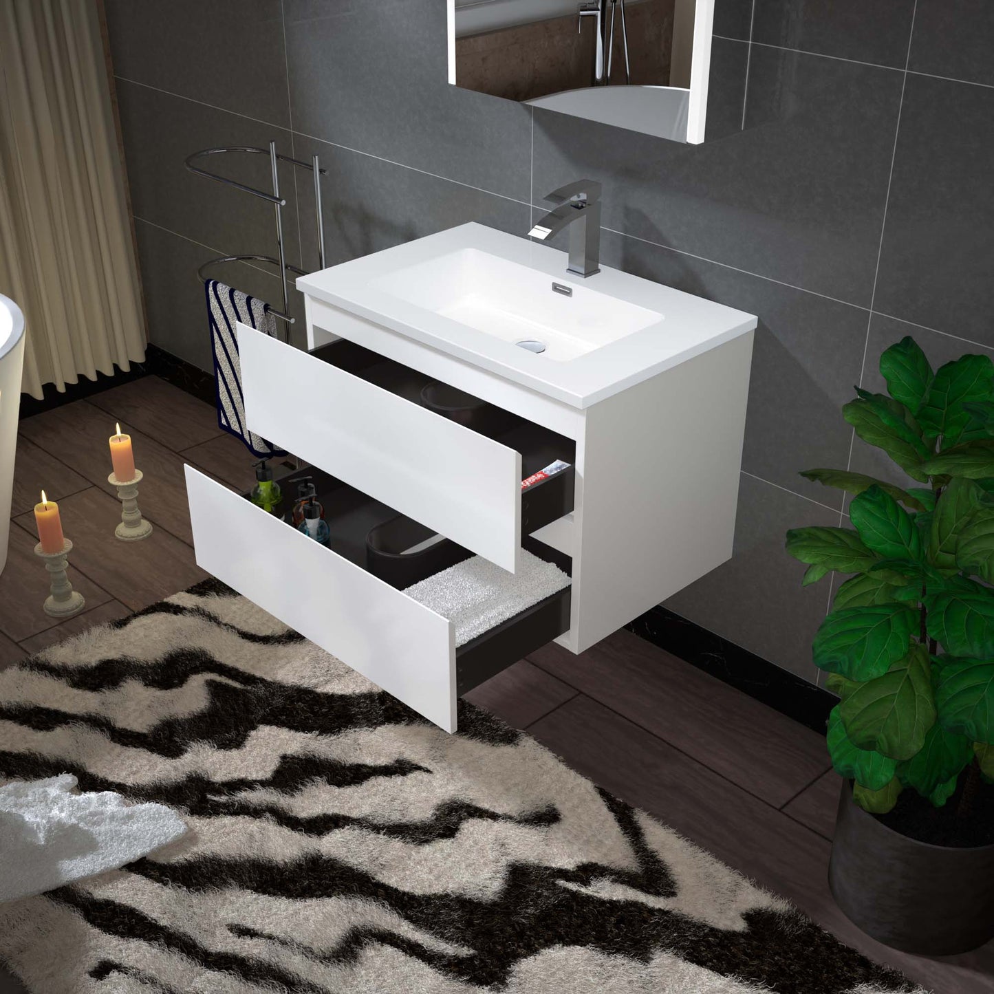 Woodbridge New Jersey Style 30" White High Gloss Vanity Base and White Resin Composite Vanity Top With Integrated Sink