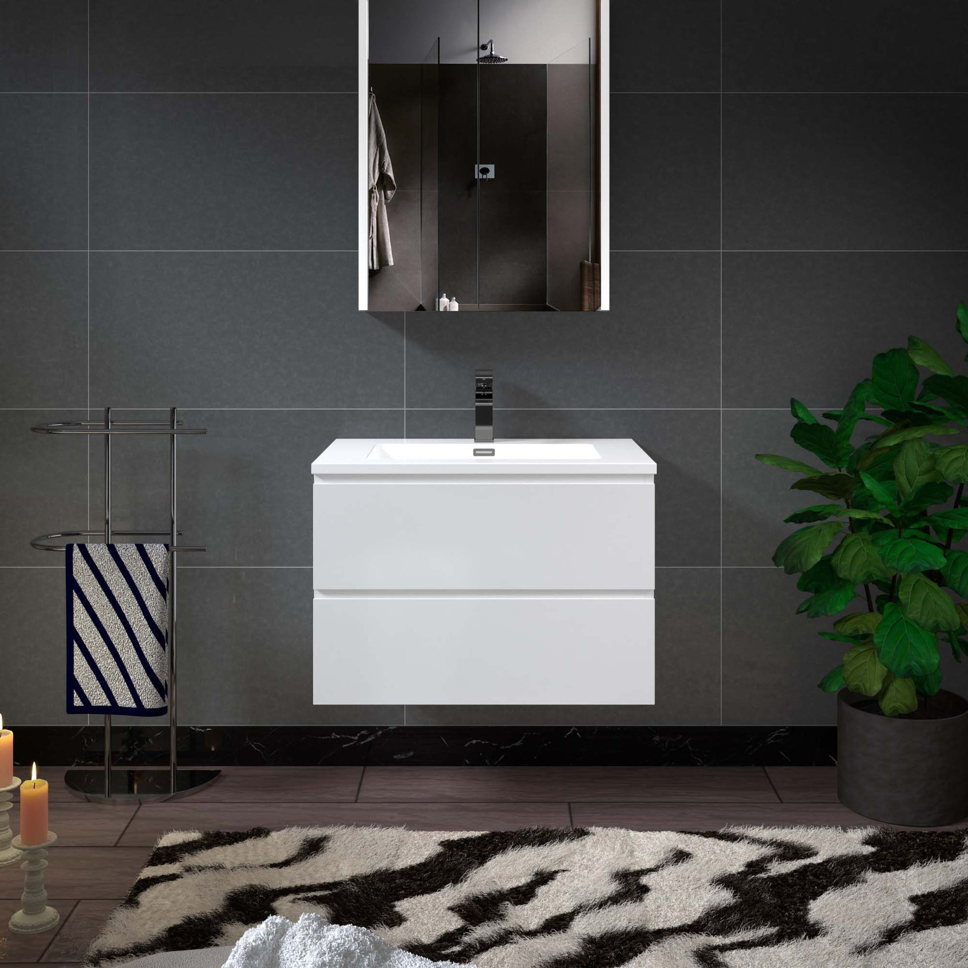 Woodbridge New Jersey Style 30" White High Gloss Vanity Base and White Resin Composite Vanity Top With Integrated Sink