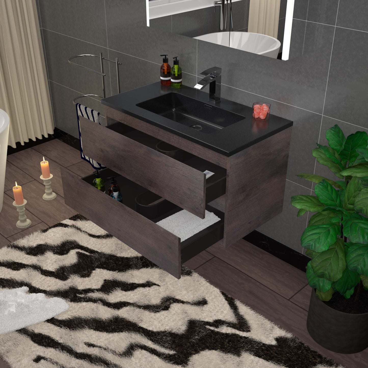 Woodbridge New Jersey Style 36" Rose Wood Vanity Base and Black Quartz Sand Composite Vanity Top With Integrated Sink