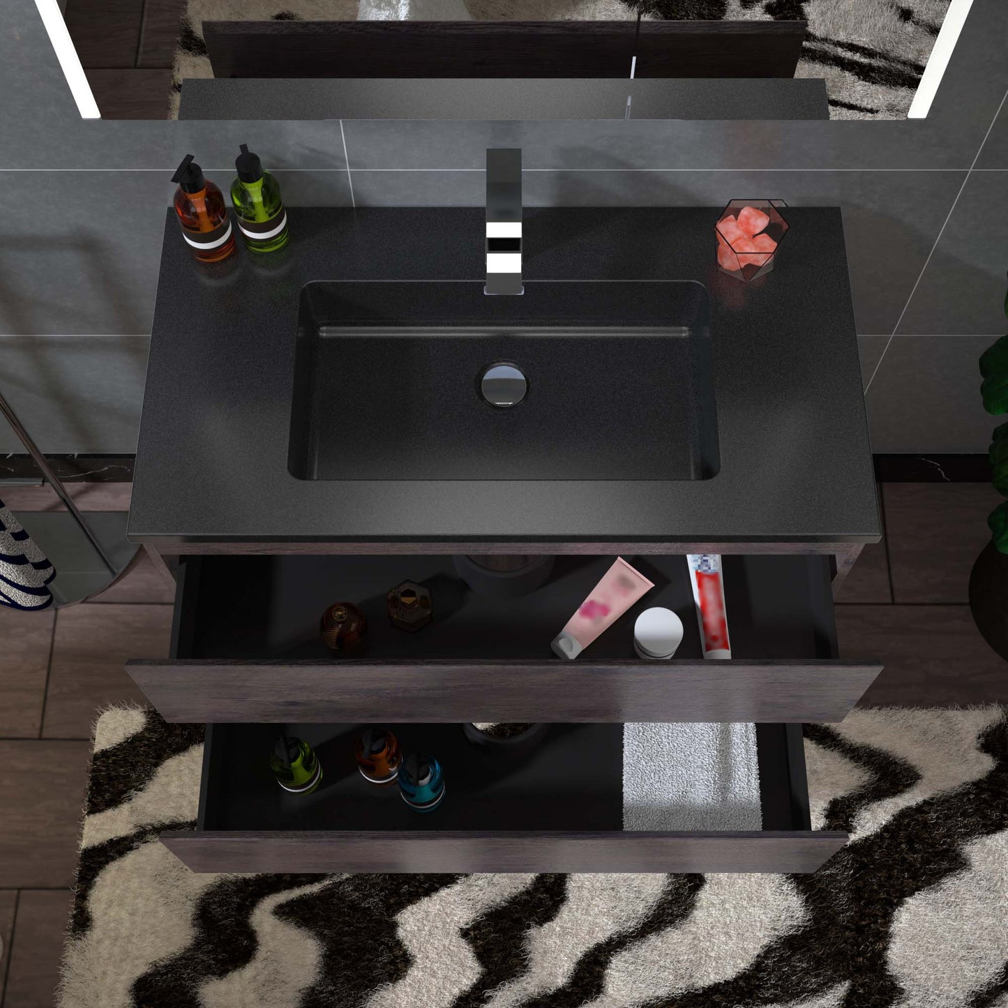 Woodbridge New Jersey Style 36" Rose Wood Vanity Base and Black Quartz Sand Composite Vanity Top With Integrated Sink