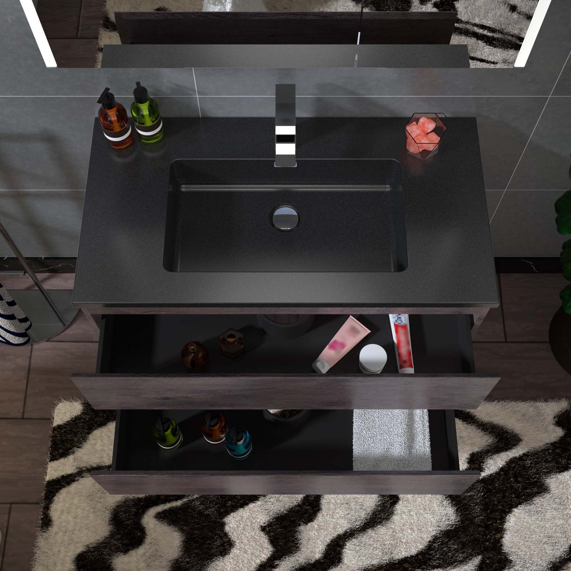 Woodbridge New Jersey Style 36" Rose Wood Vanity Base and Black Quartz Sand Composite Vanity Top With Integrated Sink