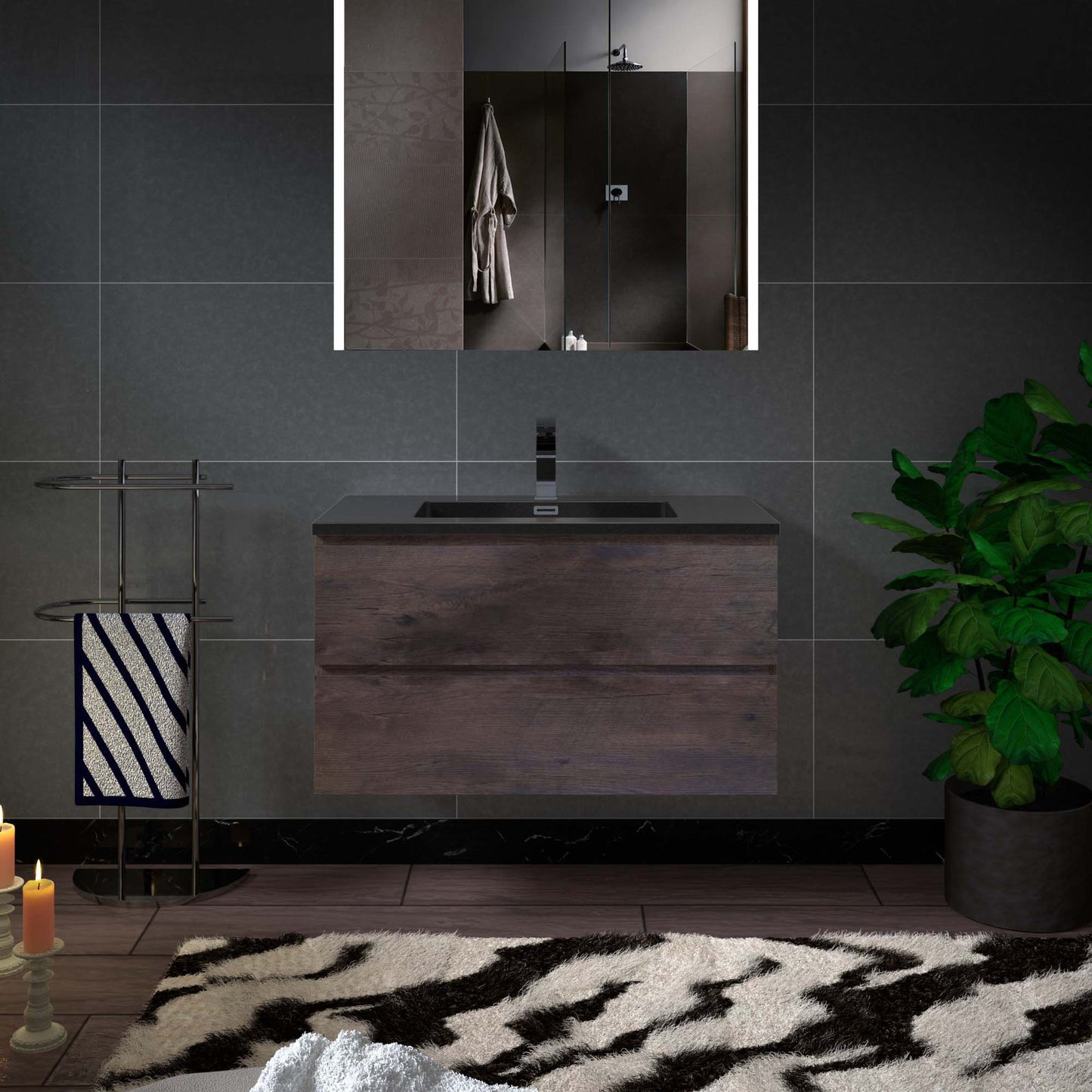 Woodbridge New Jersey Style 36" Rose Wood Vanity Base and Black Quartz Sand Composite Vanity Top With Integrated Sink