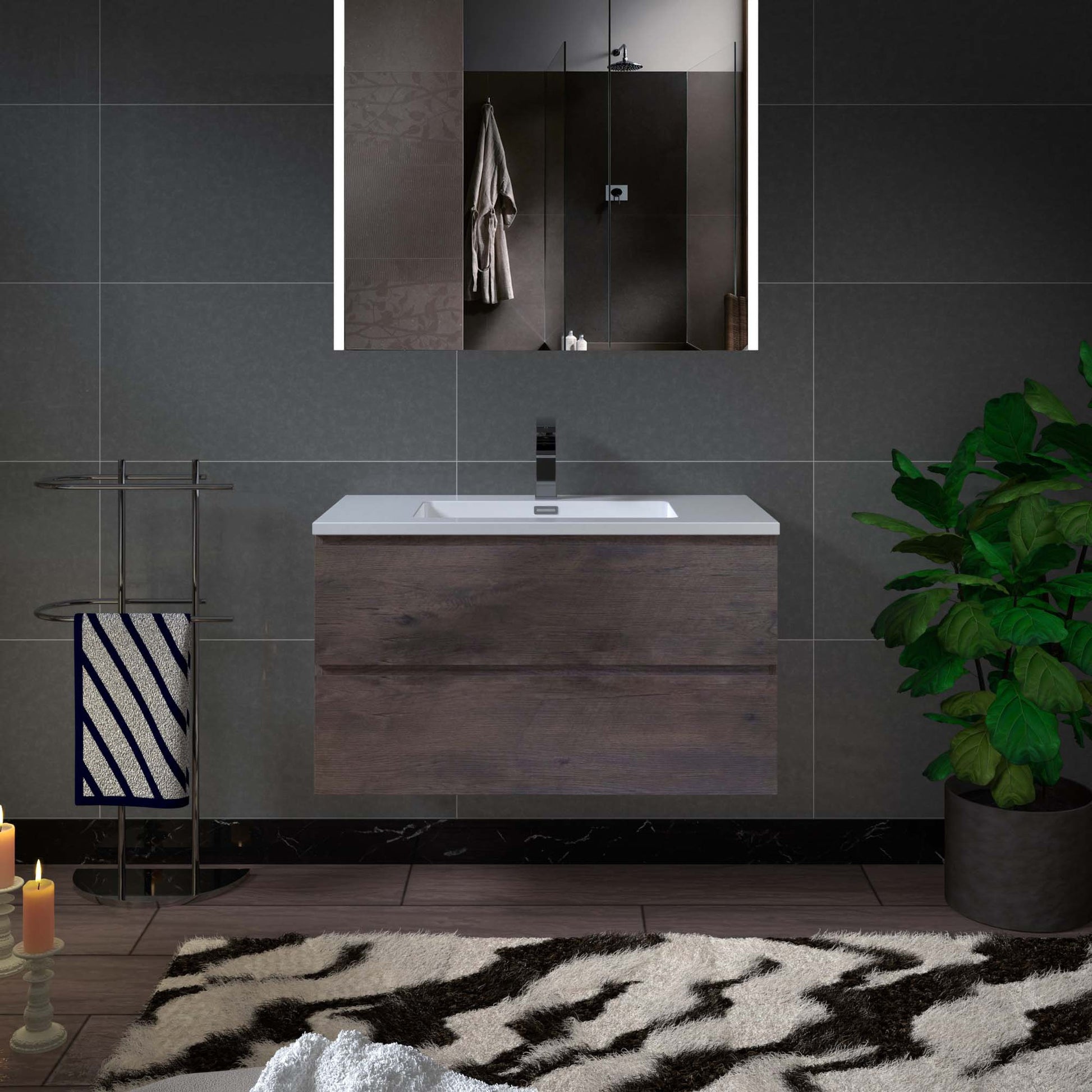 Woodbridge New Jersey Style 36" Rose Wood Vanity Base and White Resin Composite Vanity Top With Integrated Sink