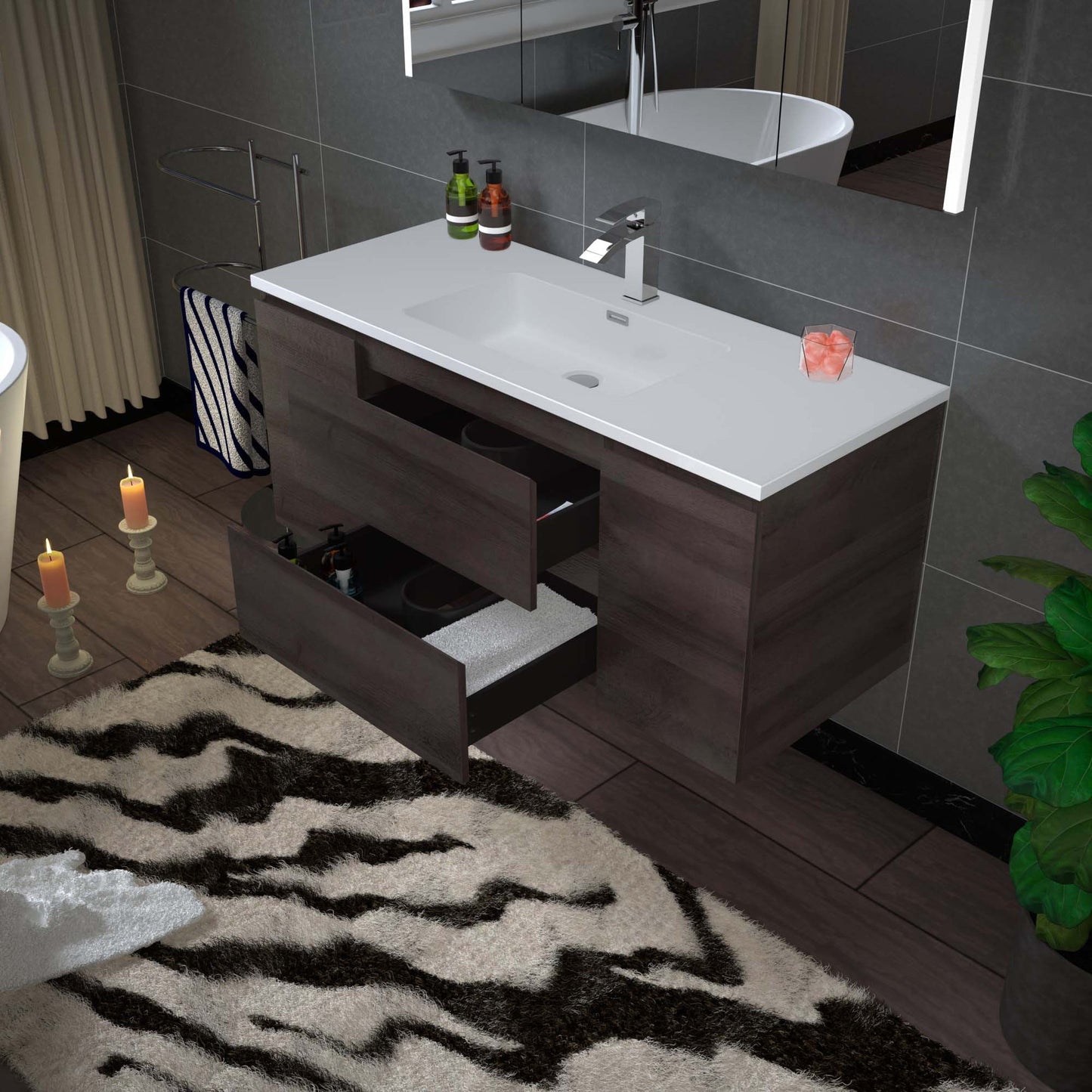 Woodbridge New Jersey Style 48" Gray Oak Vanity Base and White Resin Composite Vanity Top With Integrated Sink