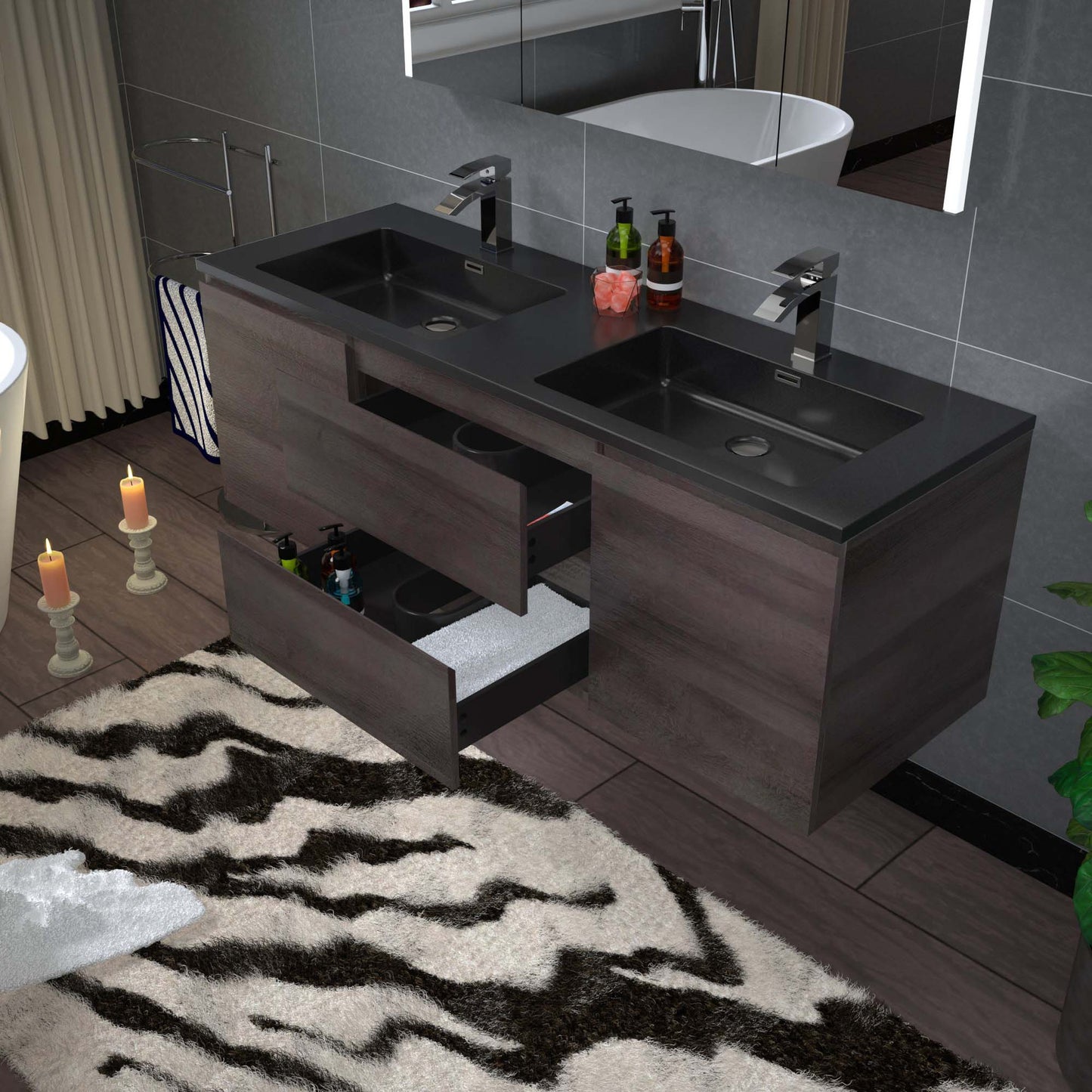 Woodbridge New Jersey Style 60" Gray Oak Vanity Base and Quartz Sand Composite Vanity Top With Integrated Sink