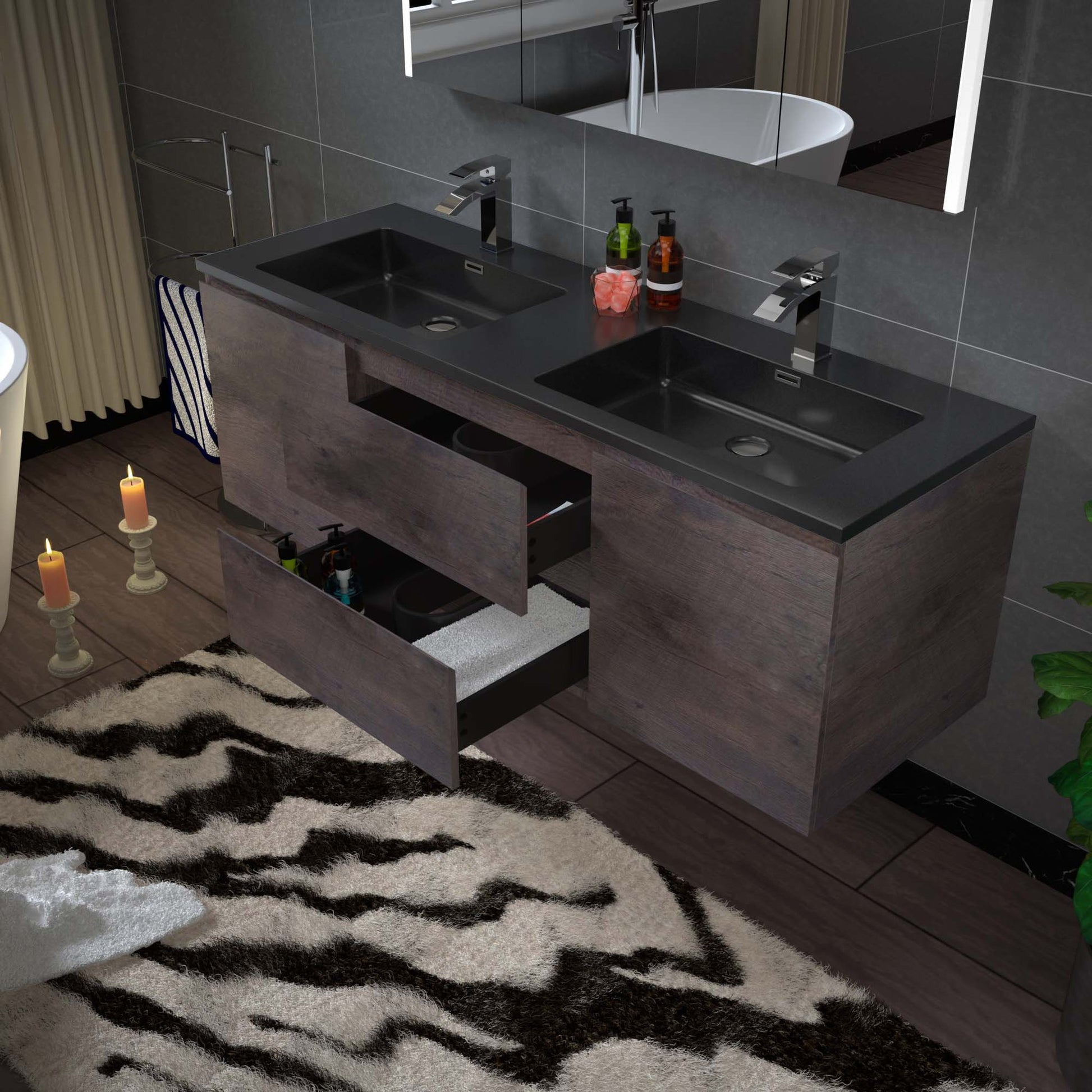 Woodbridge New Jersey Style 60" Rose Wood Vanity Base and Black Quartz Sand Composite Vanity Top With Integrated Sink