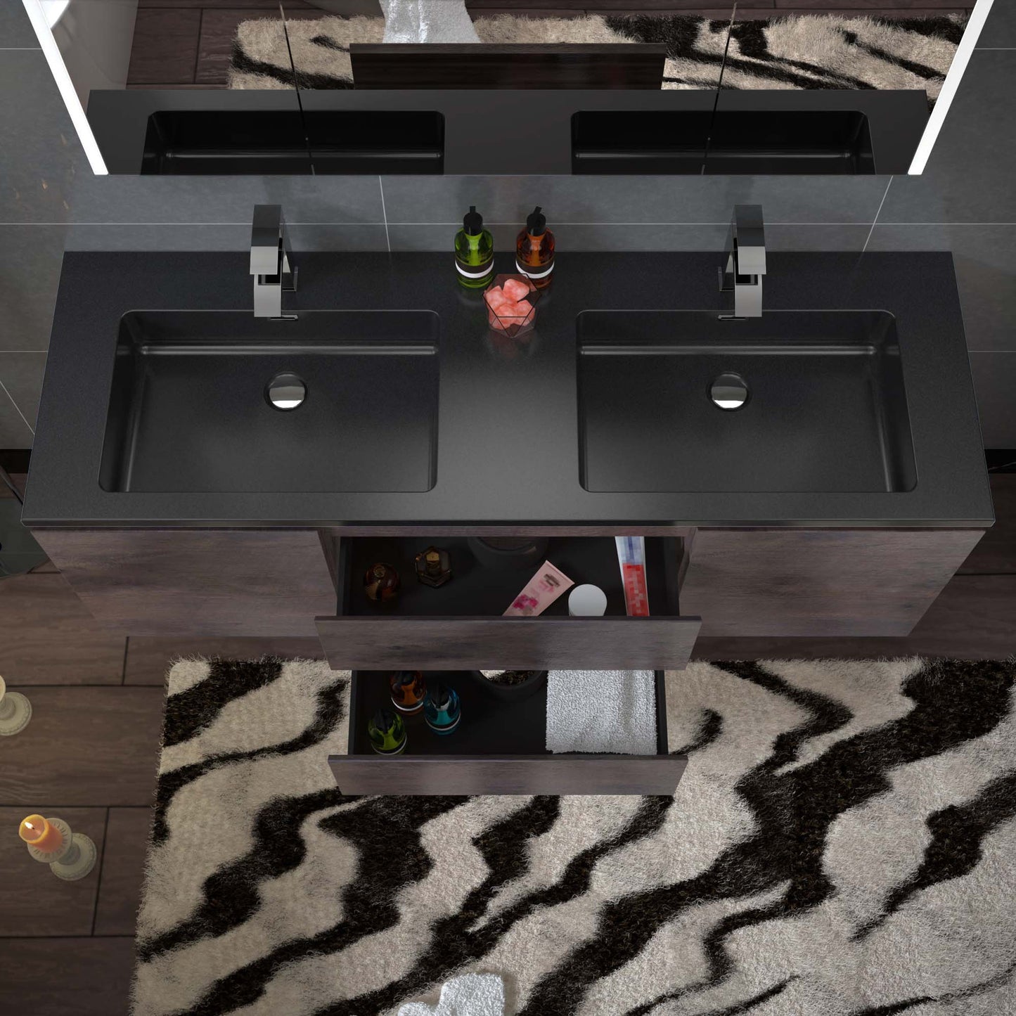 Woodbridge New Jersey Style 60" Rose Wood Vanity Base and Black Quartz Sand Composite Vanity Top With Integrated Sink