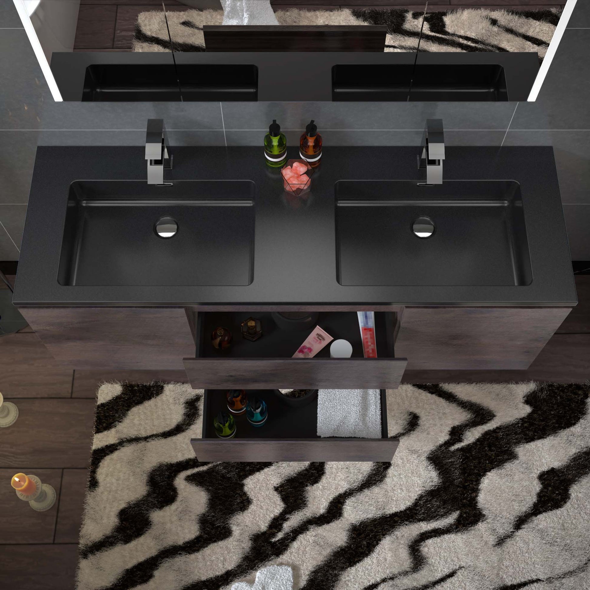 Woodbridge New Jersey Style 60" Rose Wood Vanity Base and Black Quartz Sand Composite Vanity Top With Integrated Sink