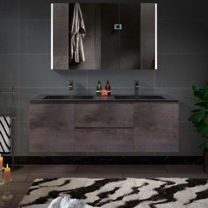 Woodbridge New Jersey Style 60" Rose Wood Vanity Base and Black Quartz Sand Composite Vanity Top With Integrated Sink