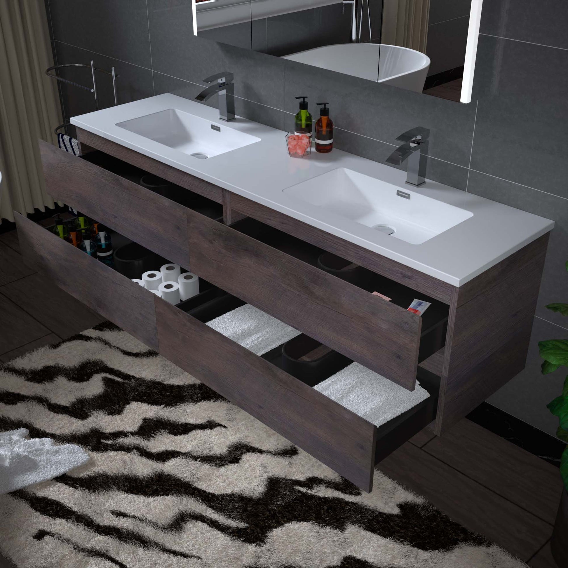 Woodbridge New Jersey Style 72" Rose Wood Vanity Base and White Resin Composite Vanity Top With Integrated Sink