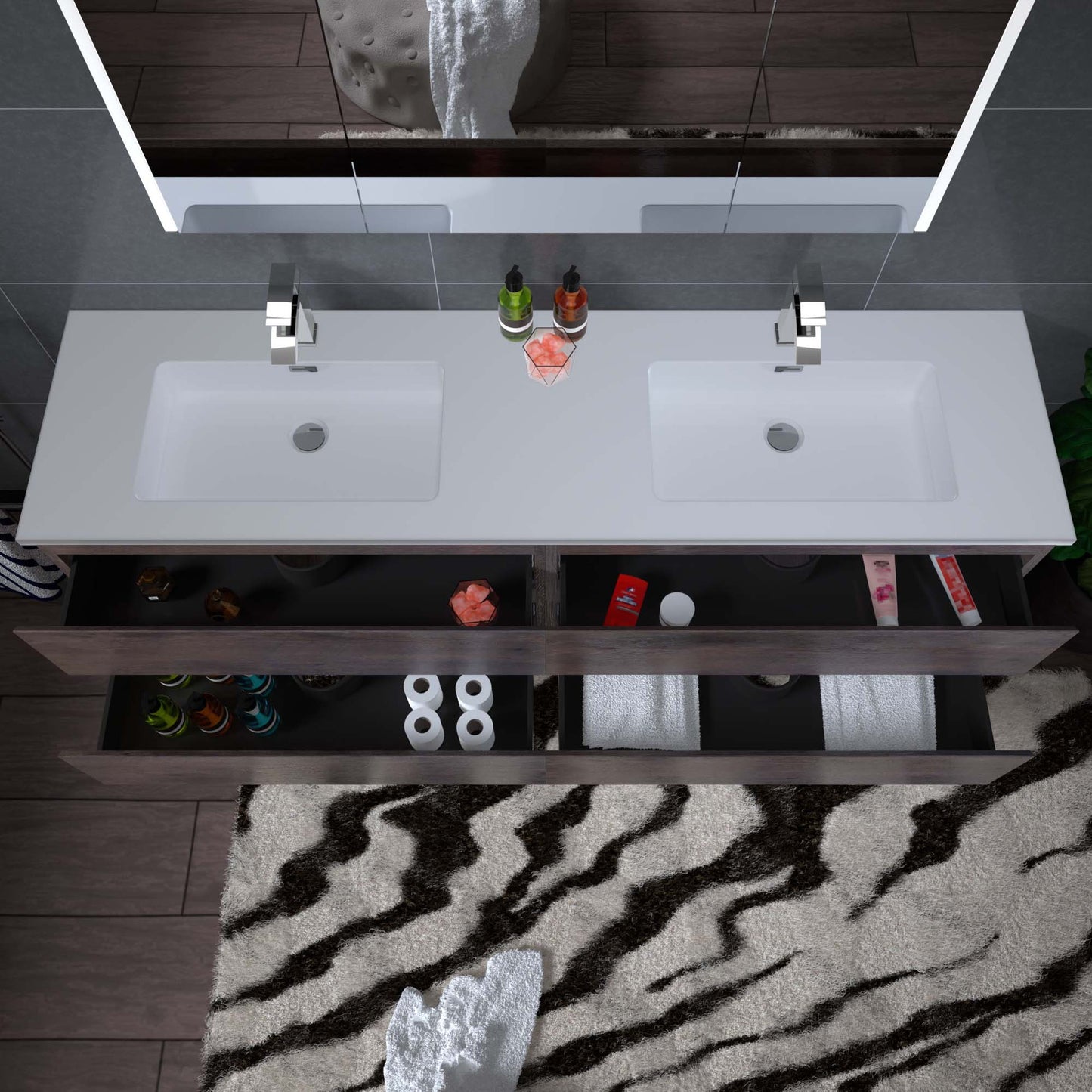 Woodbridge New Jersey Style 72" Rose Wood Vanity Base and White Resin Composite Vanity Top With Integrated Sink