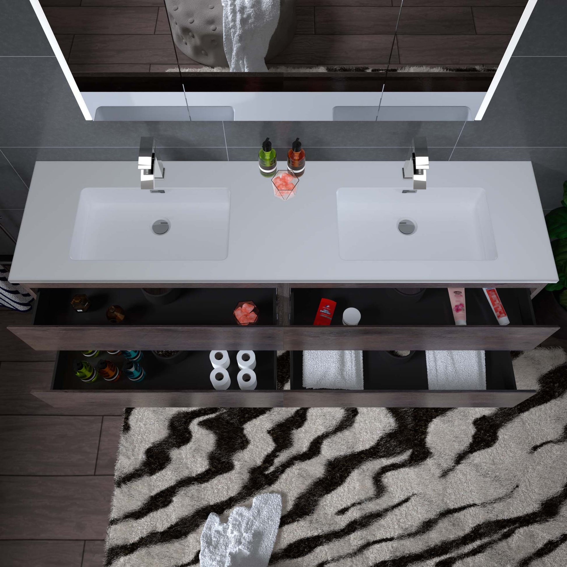 Woodbridge New Jersey Style 72" Rose Wood Vanity Base and White Resin Composite Vanity Top With Integrated Sink