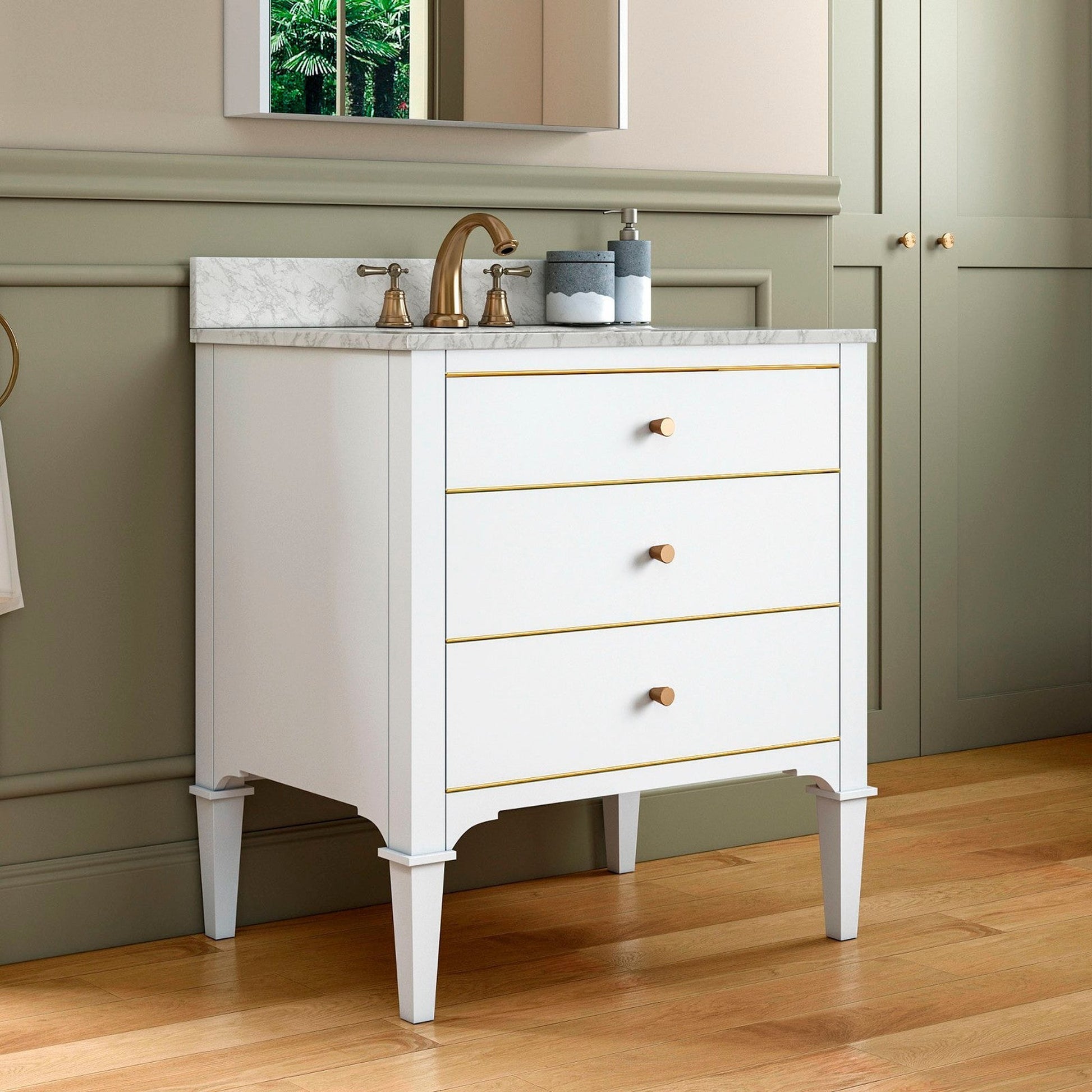 Woodbridge Roma 31" White Solid Wood Vanity Base With Gold Hardware and Carrara Marble Top With 3 Pre-Drilled Holes