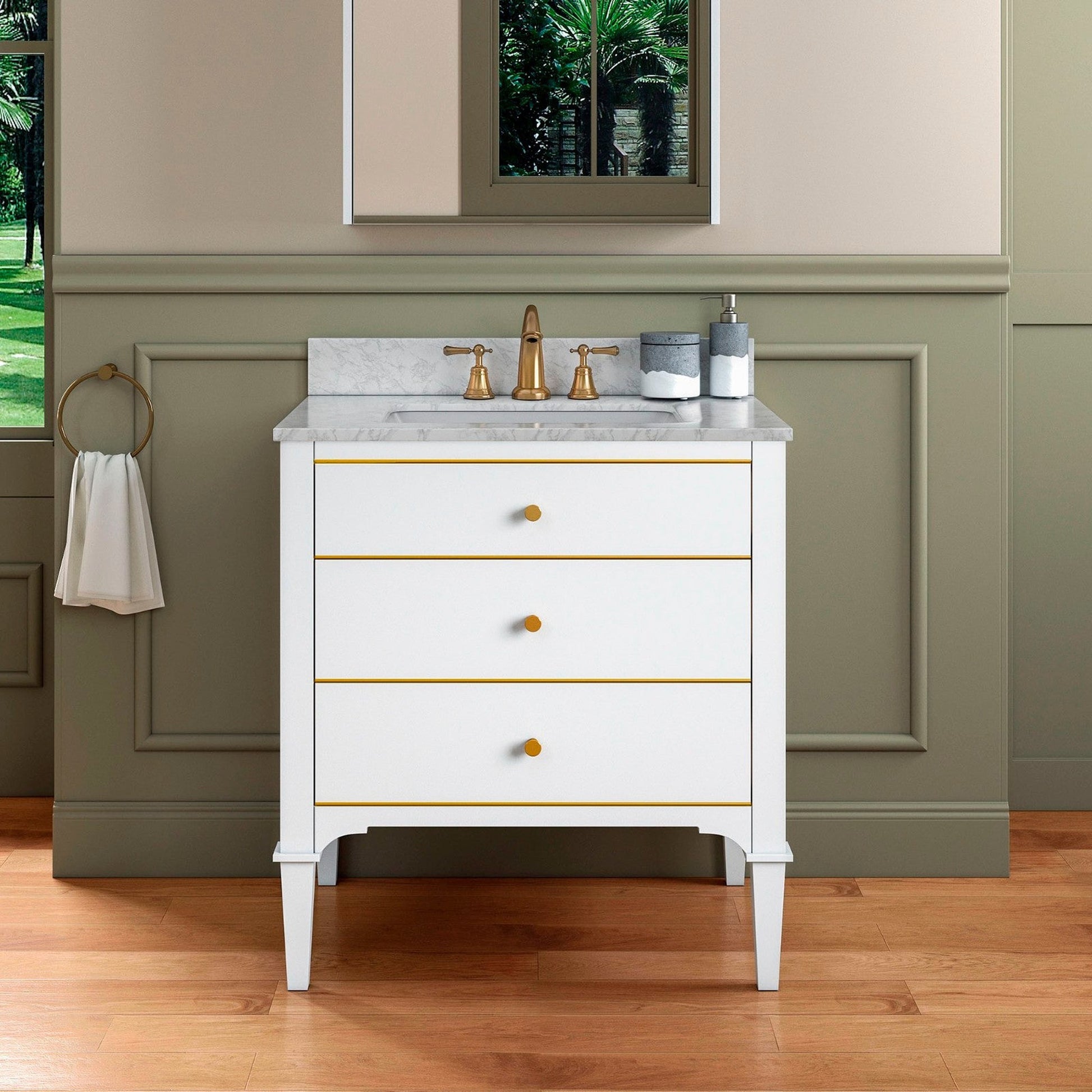 Woodbridge Roma 31" White Solid Wood Vanity Base With Gold Hardware and Carrara Marble Top With 3 Pre-Drilled Holes