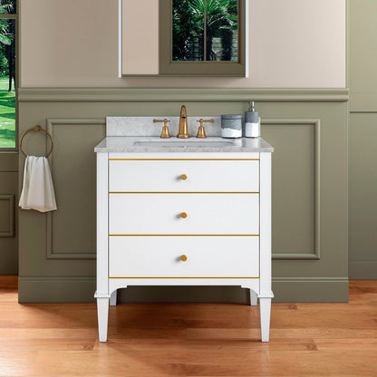 Woodbridge Roma 31" White Solid Wood Vanity Base With Gold Hardware and Carrara Marble Top With 3 Pre-Drilled Holes