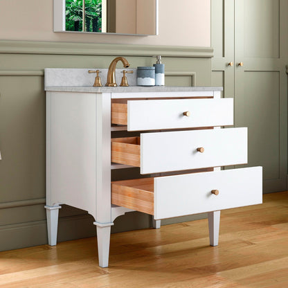 Woodbridge Roma 31" White Solid Wood Vanity Base With Gold Hardware and Carrara Marble Top With 3 Pre-Drilled Holes
