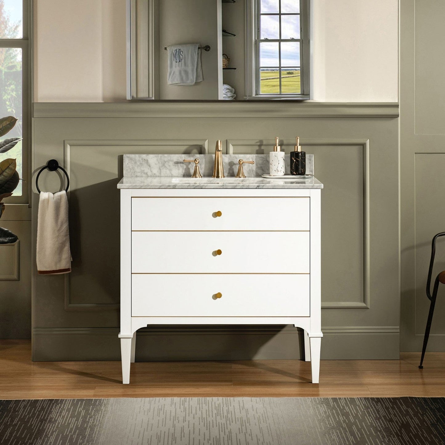 Woodbridge Roma 31" White Solid Wood Vanity Base With Gold Hardware and Carrara Marble Top With 3 Pre-Drilled Holes