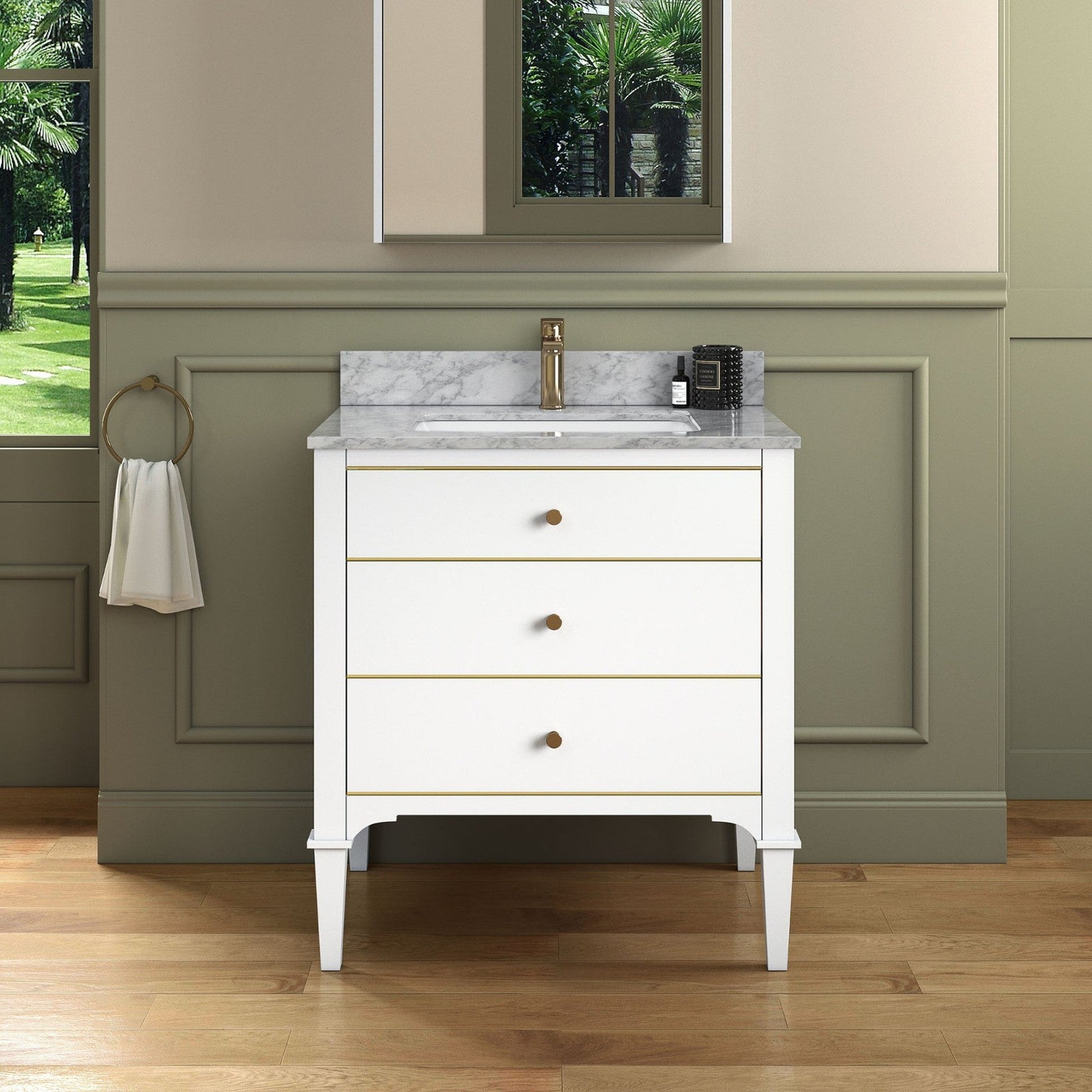 Woodbridge Roma 31" White Solid Wood Vanity Base With Gold Hardware and Carrara Marble Top With Pre-Drilled Hole for Single Hole Faucet