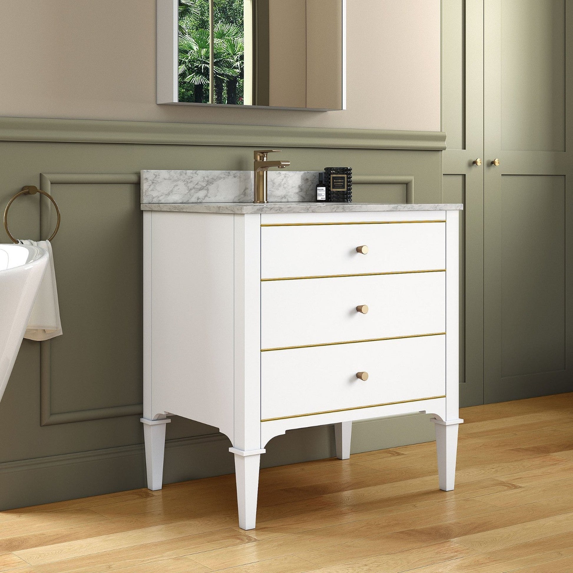 Woodbridge Roma 31" White Solid Wood Vanity Base With Gold Hardware and Carrara Marble Top With Pre-Drilled Hole for Single Hole Faucet