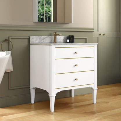 Woodbridge Roma 31" White Solid Wood Vanity Base With Gold Hardware and Carrara Marble Top With Pre-Drilled Hole for Single Hole Faucet