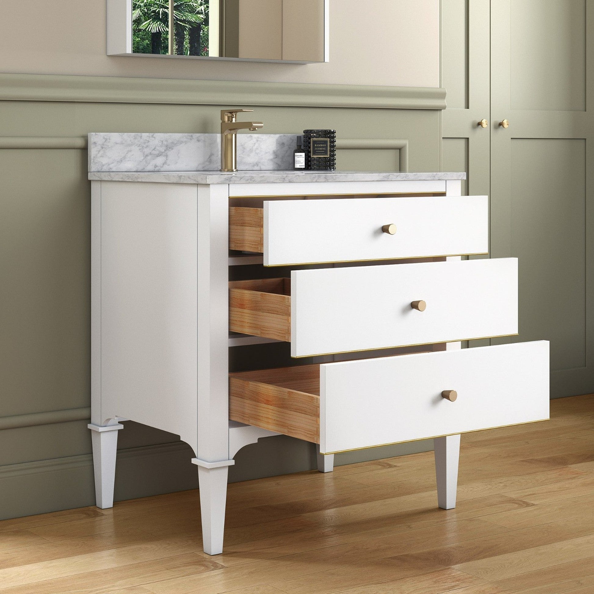 Woodbridge Roma 31" White Solid Wood Vanity Base With Gold Hardware and Carrara Marble Top With Pre-Drilled Hole for Single Hole Faucet