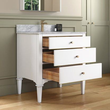 Woodbridge Roma 31" White Solid Wood Vanity Base With Gold Hardware and Carrara Marble Top With Pre-Drilled Hole for Single Hole Faucet