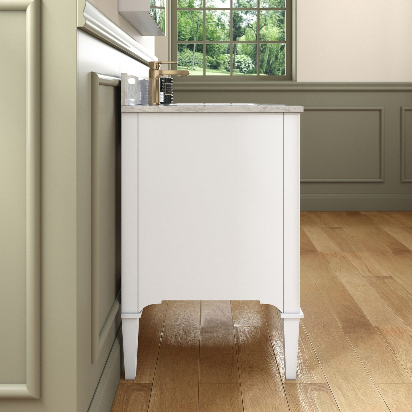 Woodbridge Roma 31" White Solid Wood Vanity Base With Gold Hardware and Carrara Marble Top With Pre-Drilled Hole for Single Hole Faucet