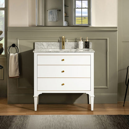 Woodbridge Roma 31" White Solid Wood Vanity Base With Gold Hardware and Carrara Marble Top With Pre-Drilled Hole for Single Hole Faucet