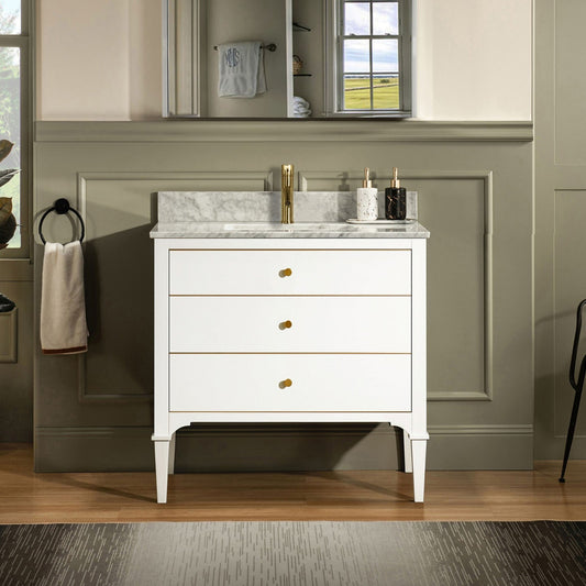 Woodbridge Roma 31" White Solid Wood Vanity Base With Gold Hardware and Carrara Marble Top With Pre-Drilled Hole for Single Hole Faucet
