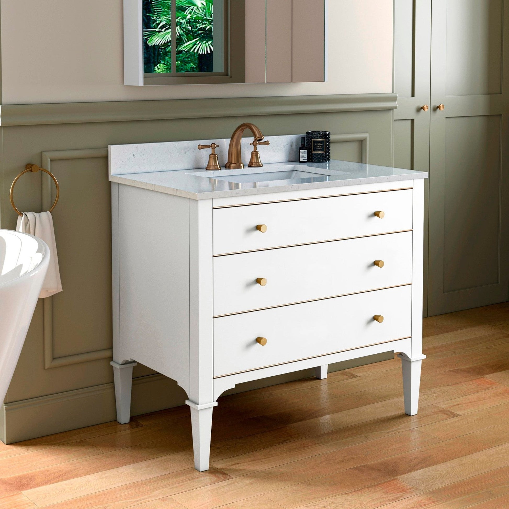 Woodbridge Roma 37" White Solid Wood Vanity Base With Gold Hardware and Carrara Engineered Stone Composite Top With 3 Pre-Drilled Holes