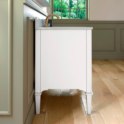 Woodbridge Roma 37" White Solid Wood Vanity Base With Gold Hardware and Carrara Engineered Stone Composite Top With 3 Pre-Drilled Holes