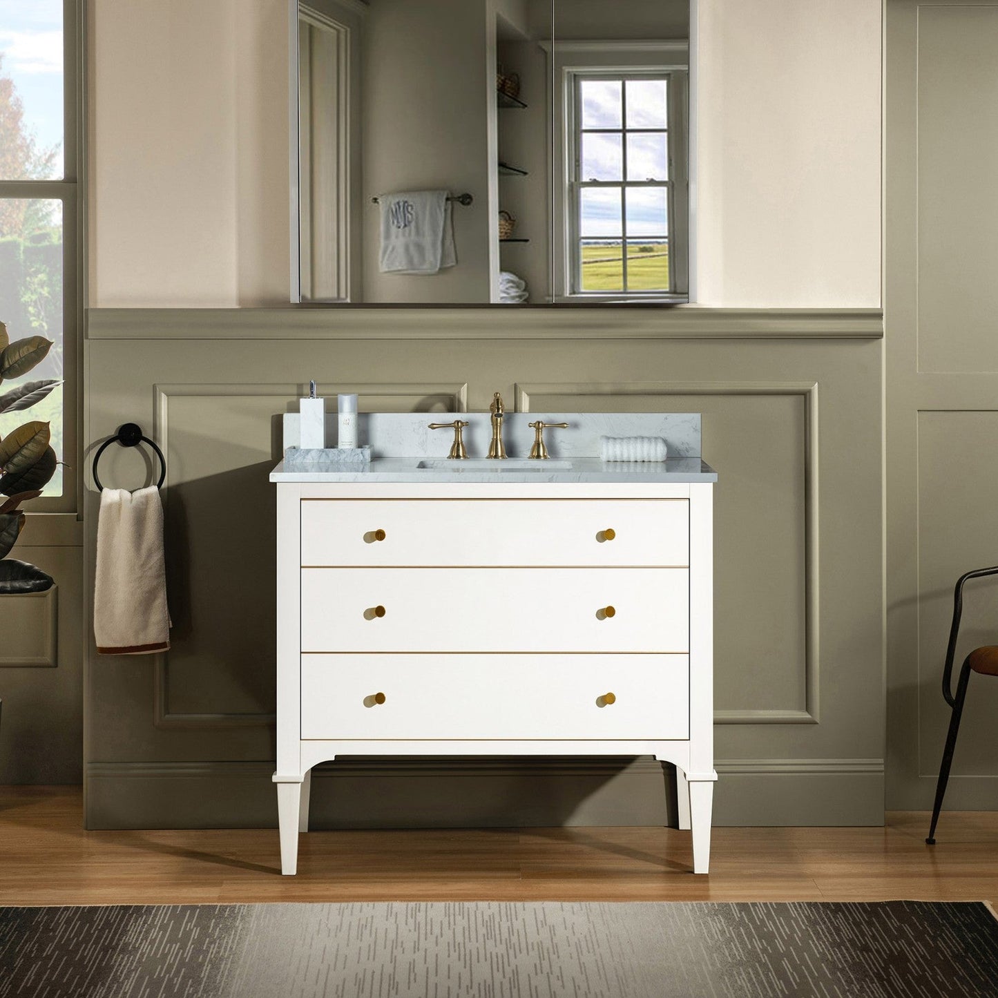 Woodbridge Roma 37" White Solid Wood Vanity Base With Gold Hardware and Carrara Engineered Stone Composite Top With 3 Pre-Drilled Holes