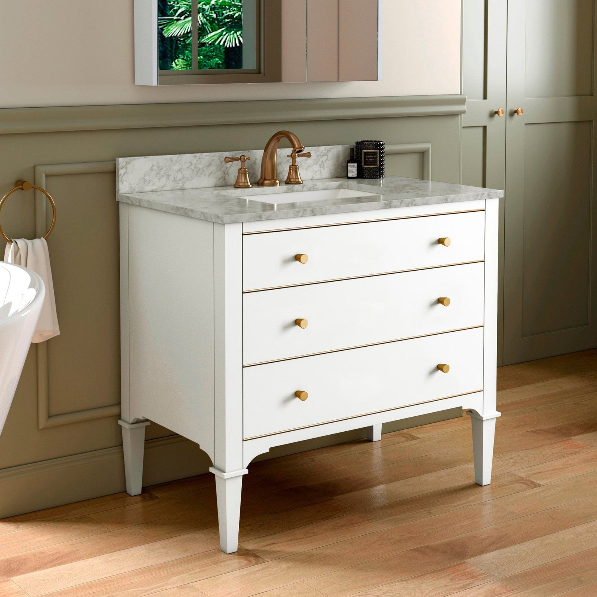 Woodbridge Roma 37" White Solid Wood Vanity Base With Gold Hardware and Carrara Marble Top With 3 Pre-Drilled Holes