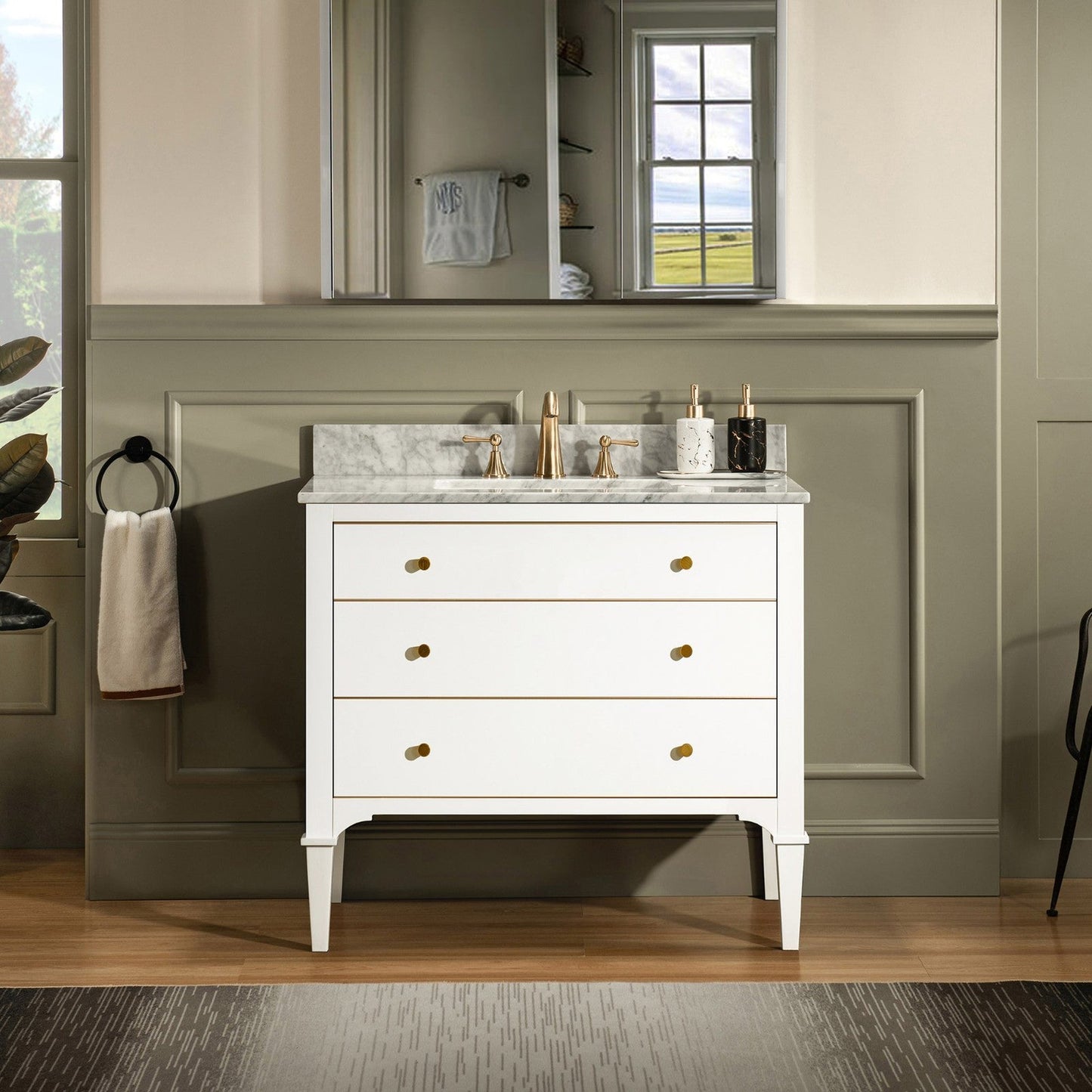 Woodbridge Roma 37" White Solid Wood Vanity Base With Gold Hardware and Carrara Marble Top With 3 Pre-Drilled Holes