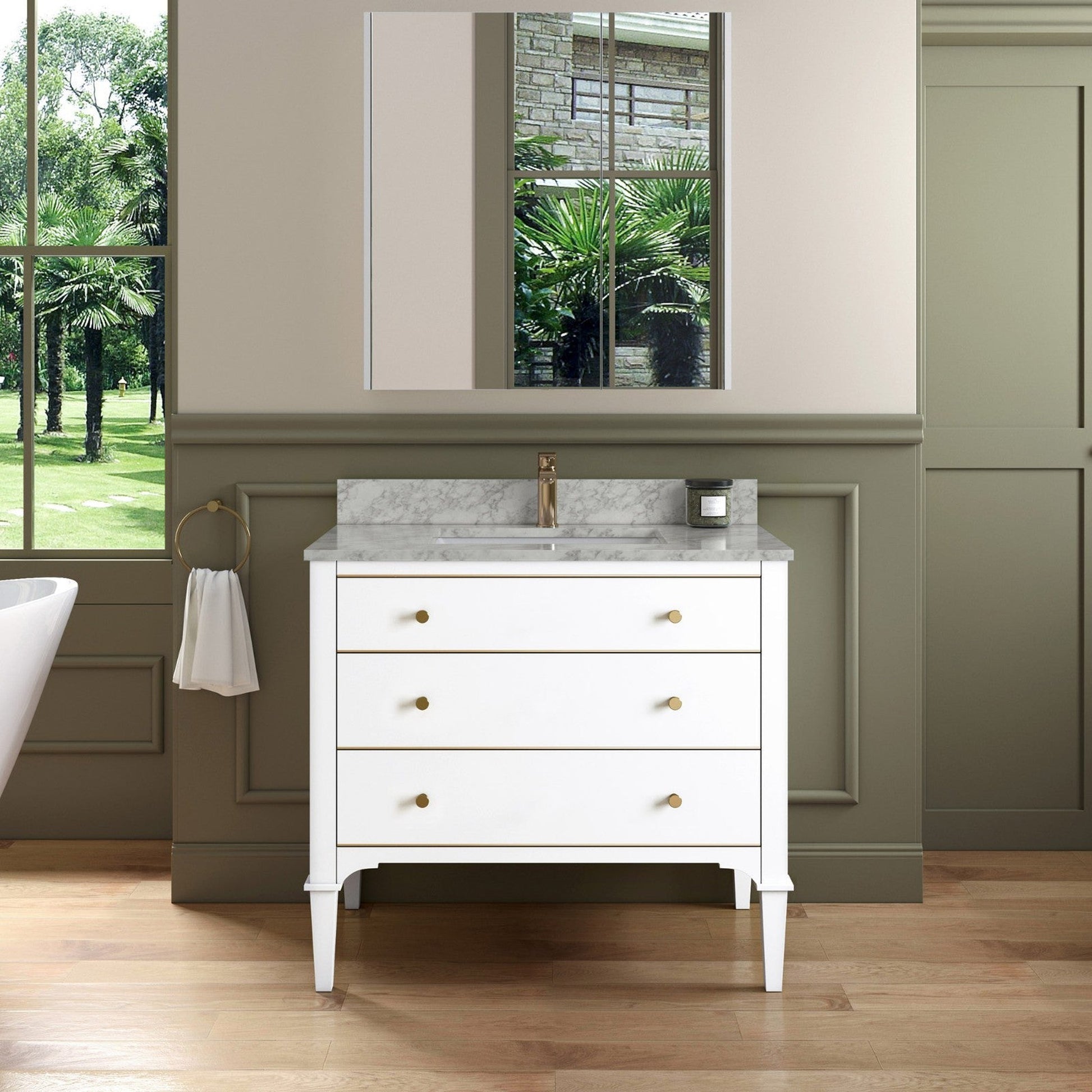 Woodbridge Roma 37" White Solid Wood Vanity Base With Gold Hardware and Carrara Marble Top With Pre-Drilled Hole for Single Hole Faucet