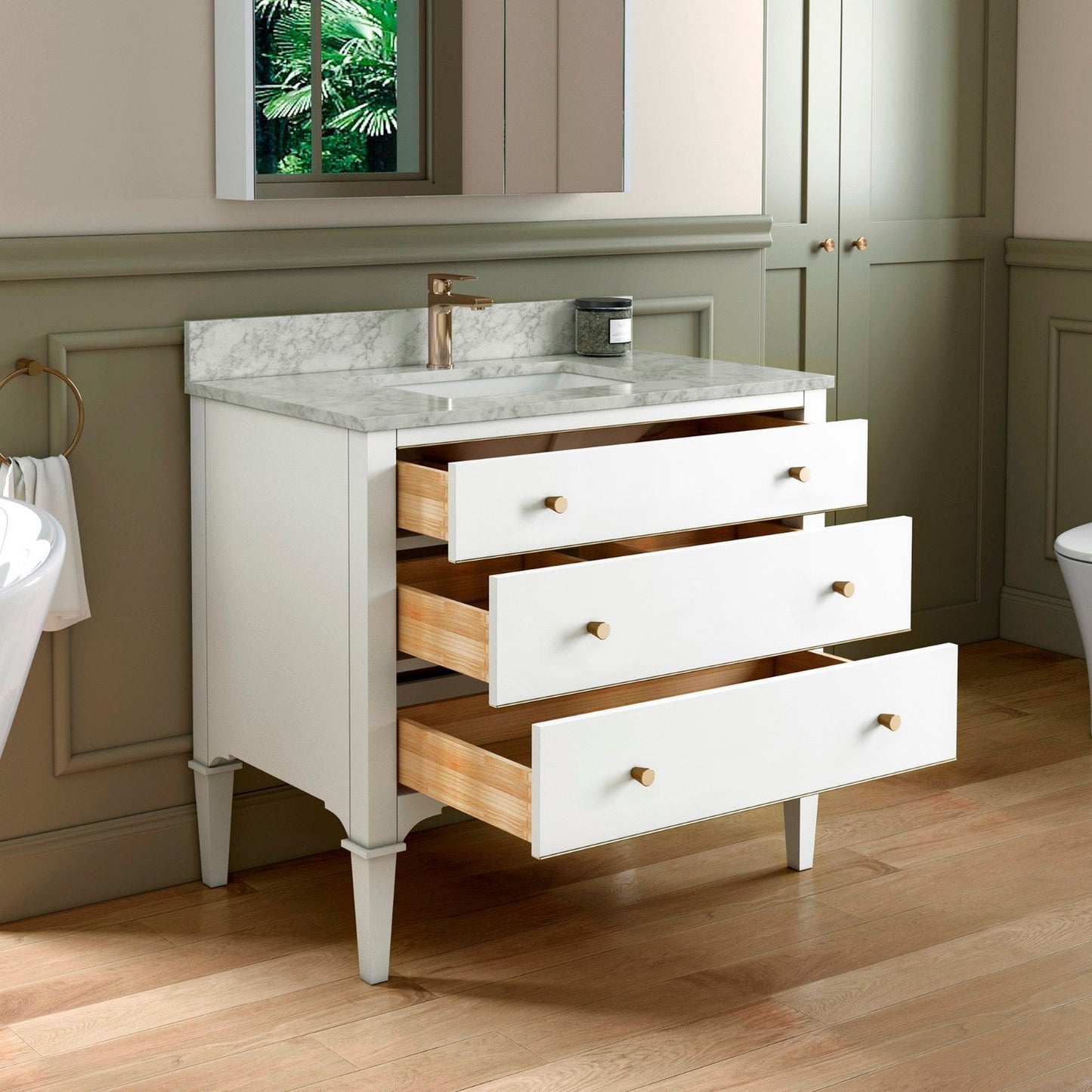 Woodbridge Roma 37" White Solid Wood Vanity Base With Gold Hardware and Carrara Marble Top With Pre-Drilled Hole for Single Hole Faucet