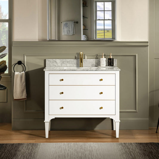 Woodbridge Roma 37" White Solid Wood Vanity Base With Gold Hardware and Carrara Marble Top With Pre-Drilled Hole for Single Hole Faucet