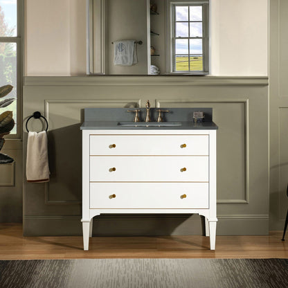 Woodbridge Roma 37" White Solid Wood Vanity Base With Gold Hardware and Dark Gray Engineered Stone Composite Top With 3 Pre-Drilled Holes