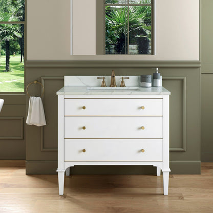 Woodbridge Roma 37" White Solid Wood Vanity Base With Gold Hardware and Fish Belly Engineered Stone Composite Top With 3 Pre-Drilled Holes