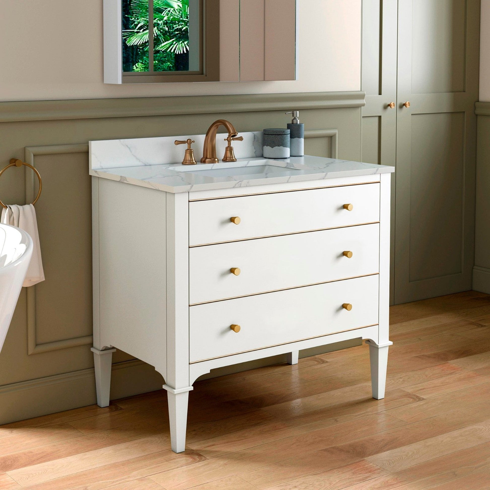 Woodbridge Roma 37" White Solid Wood Vanity Base With Gold Hardware and Fish Belly Engineered Stone Composite Top With 3 Pre-Drilled Holes