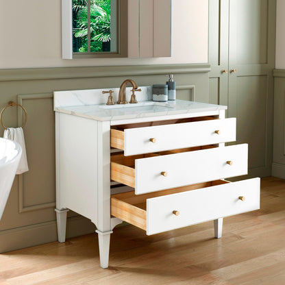Woodbridge Roma 37" White Solid Wood Vanity Base With Gold Hardware and Fish Belly Engineered Stone Composite Top With 3 Pre-Drilled Holes