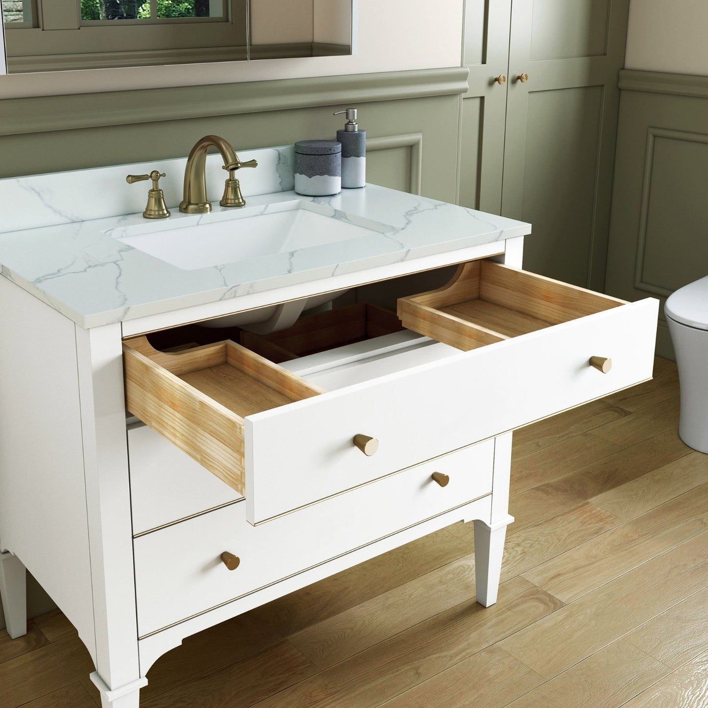 Woodbridge Roma 37" White Solid Wood Vanity Base With Gold Hardware and Fish Belly Engineered Stone Composite Top With 3 Pre-Drilled Holes
