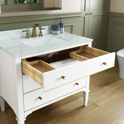 Woodbridge Roma 37" White Solid Wood Vanity Base With Gold Hardware and Fish Belly Engineered Stone Composite Top With 3 Pre-Drilled Holes