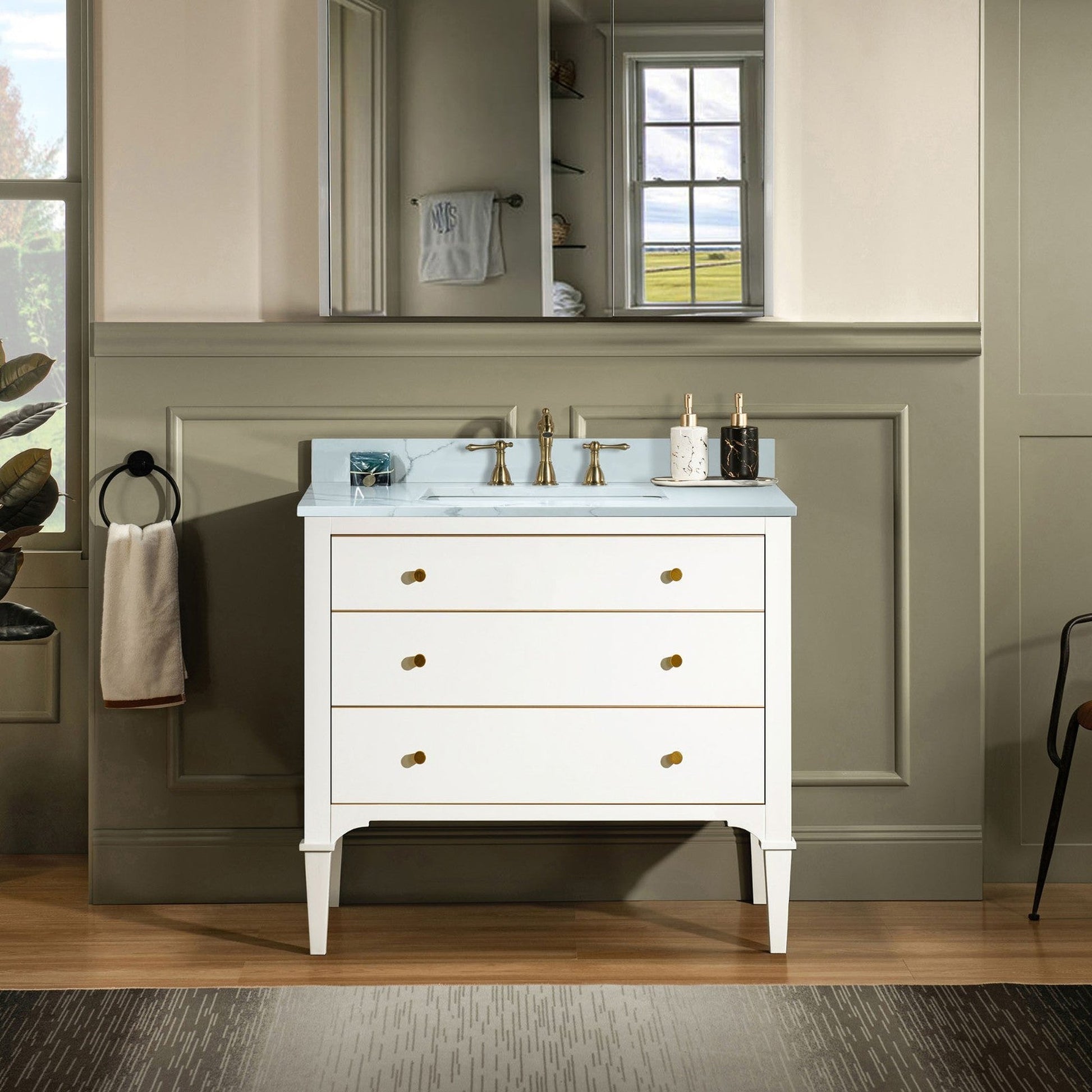 Woodbridge Roma 37" White Solid Wood Vanity Base With Gold Hardware and Fish Belly Engineered Stone Composite Top With 3 Pre-Drilled Holes