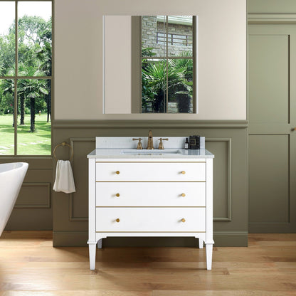 Woodbridge Roma 43" White Solid Wood Vanity Base With Gold Hardware and Carrara Engineered Stone Composite Top With 3 Pre-Drilled Holes