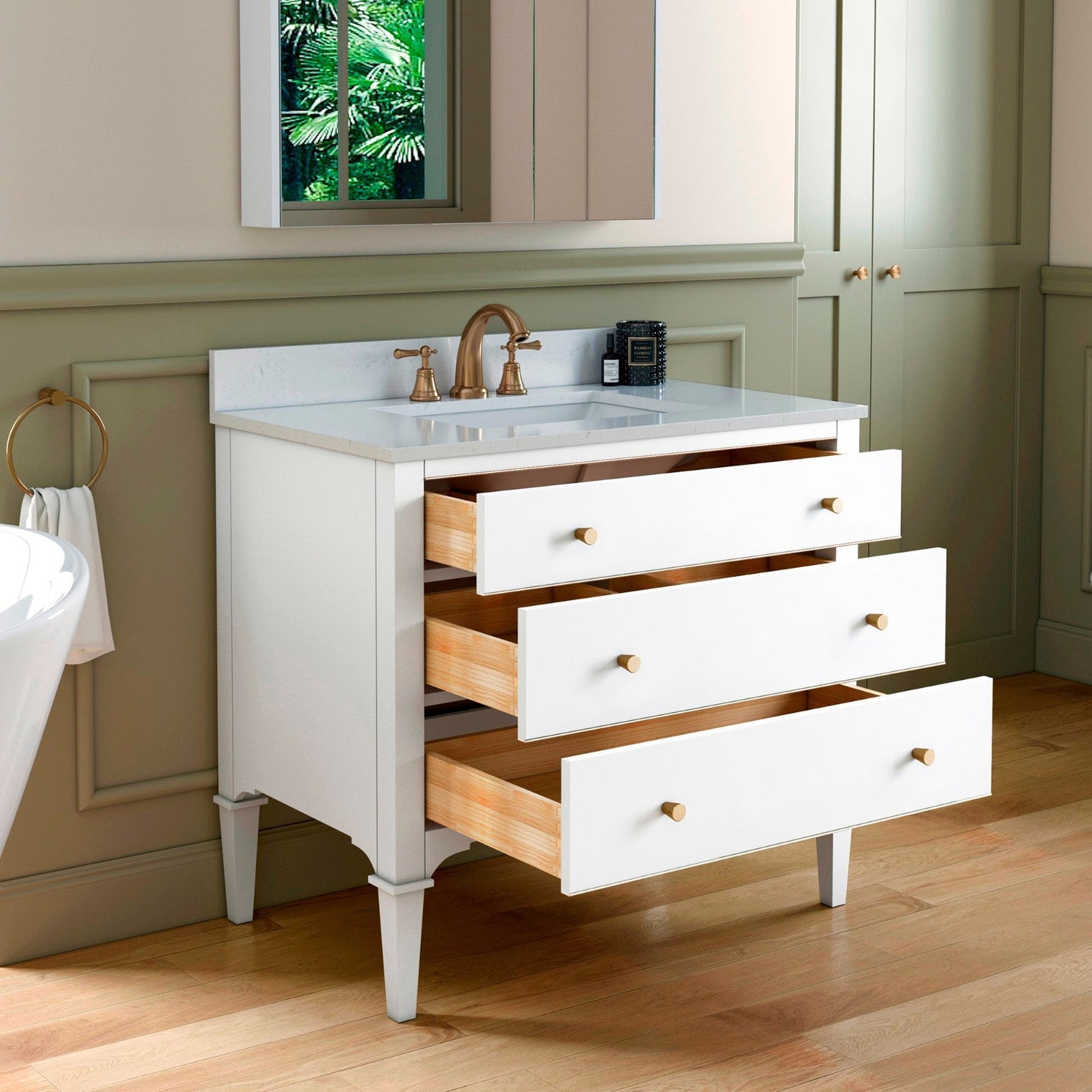 Woodbridge Roma 43" White Solid Wood Vanity Base With Gold Hardware and Carrara Engineered Stone Composite Top With 3 Pre-Drilled Holes