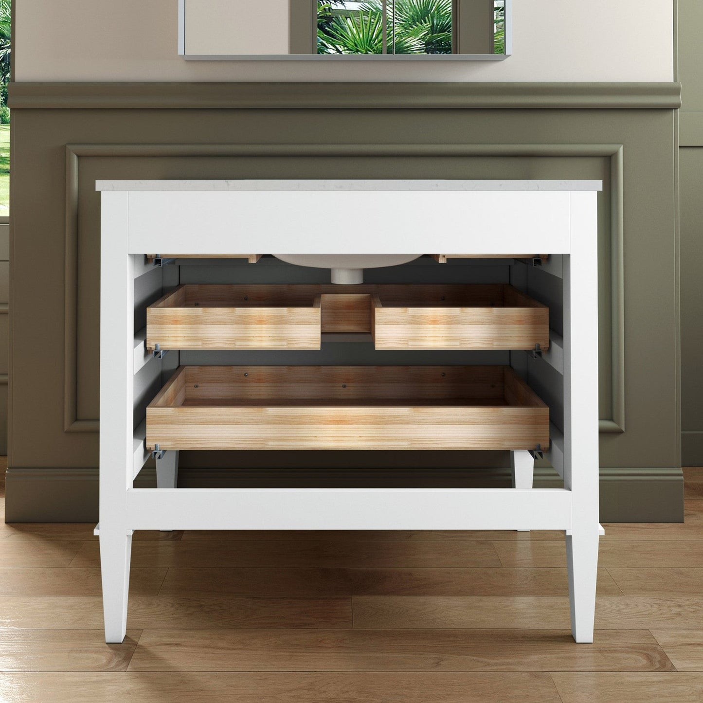 Woodbridge Roma 43" White Solid Wood Vanity Base With Gold Hardware and Carrara Engineered Stone Composite Top With 3 Pre-Drilled Holes